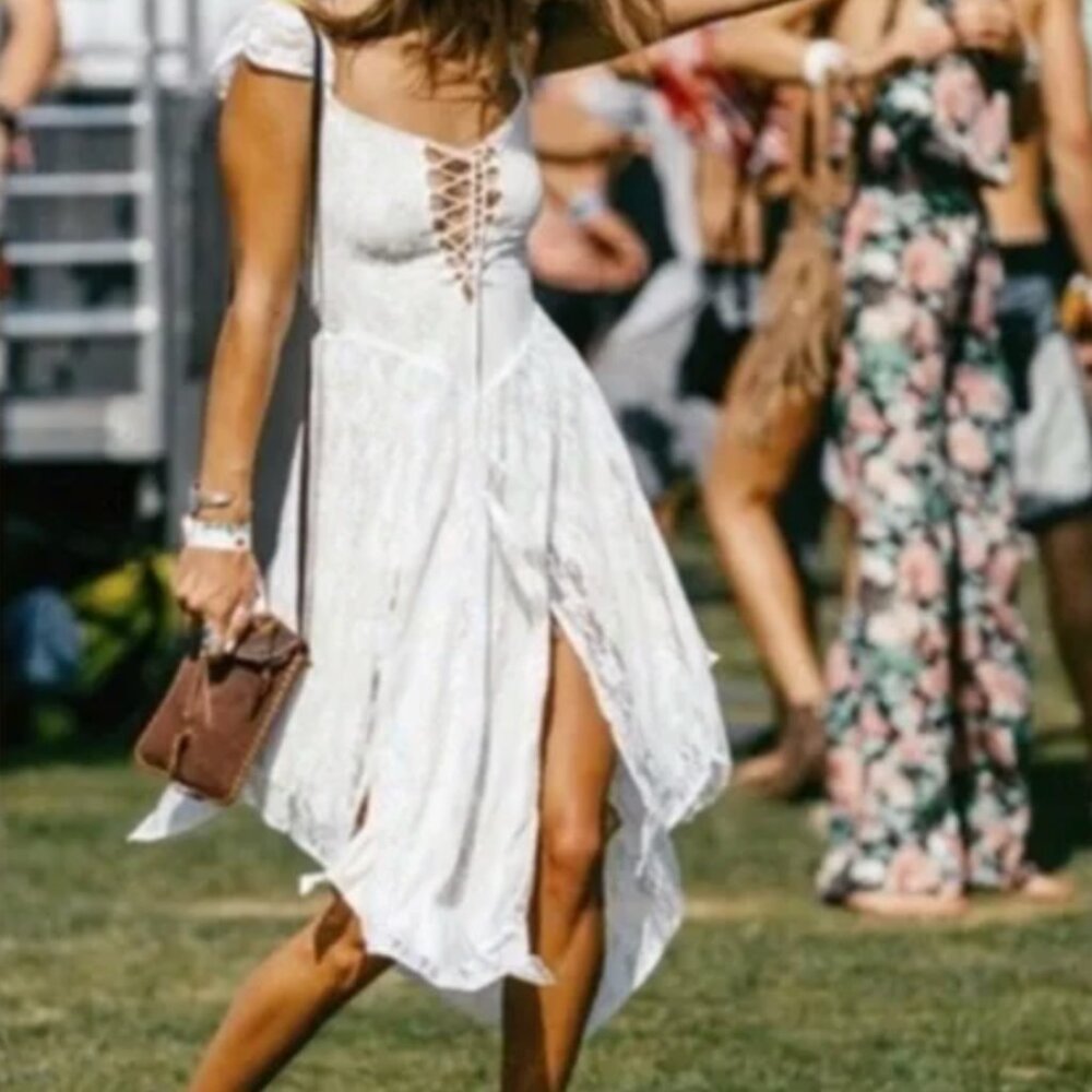 Spell White Lace-Up Midi Dress